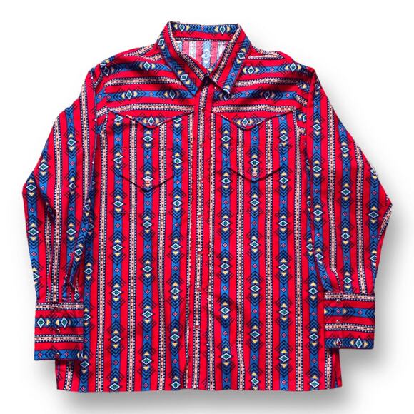 Vintage Handmade Red South Western Western Shirt Snap Buttons Geometric Rodeo XL - Picture 11 of 11
